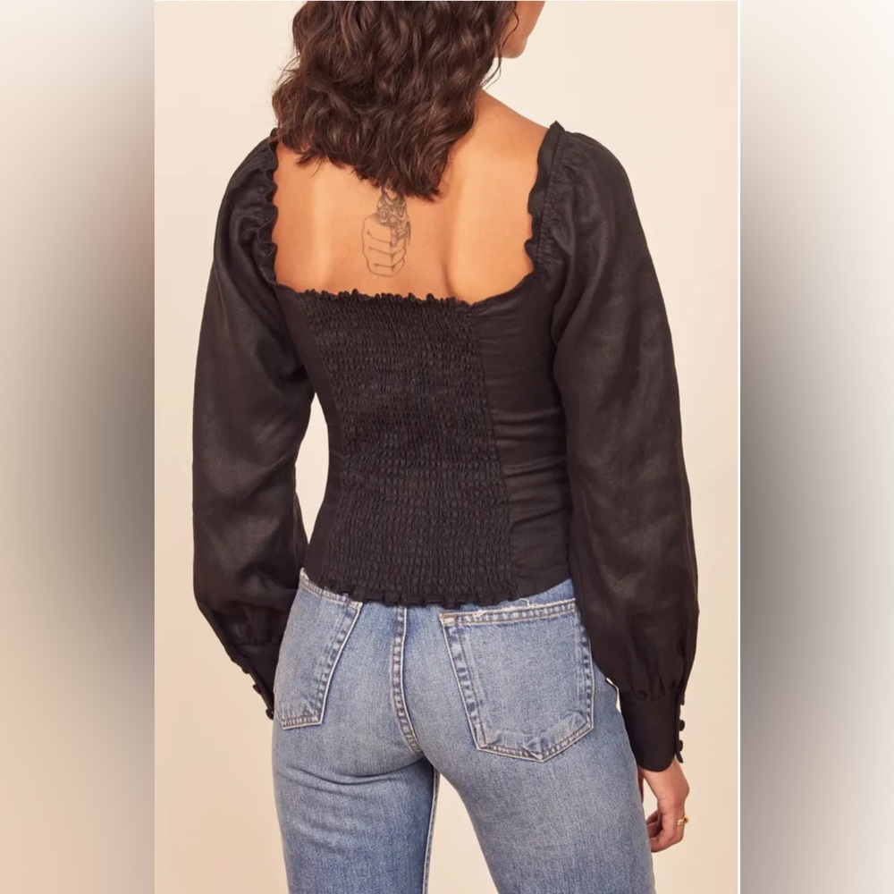 Reformation Hogan Long Sleeve Linen Top Black Size 4 - Picture 3 of 8